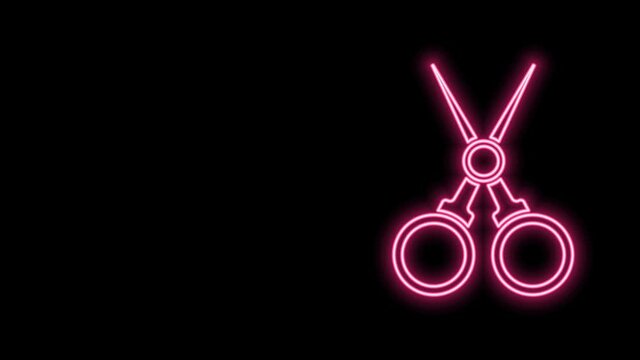 Glowing neon line Scissors hairdresser icon isolated on black background. Hairdresser, fashion salon and barber sign. Barbershop symbol. 4K Video motion graphic animation