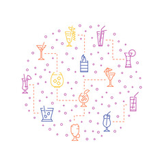 Classic Alcoholic Cocktails Thin Line Concept Round Design Banner. Vector