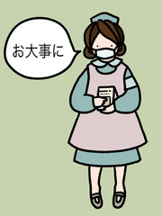 コロナにも対応　お薬を持って「お大事に」と伝えるマスクをしたナースの手描きイラスト