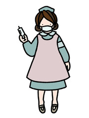 コロナにも対応　注射器を手に持っているマスクをしたナースの手描きイラスト