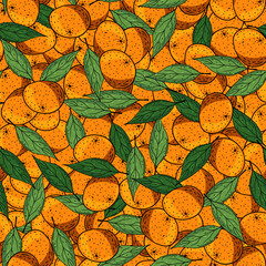 Orange tangerine fruit cartoon tropical with leaves seamless pattern