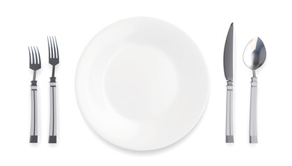 White dish plate isolated on white, Empty porcelain tableware for food and cutlery set, Mock up of round ceramics kitchen utensils collection.