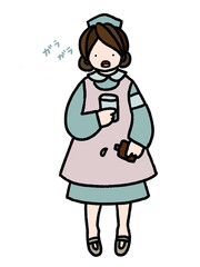 コロナにも対応　うがい薬を手にうがいをしているナースの手描きイラスト
