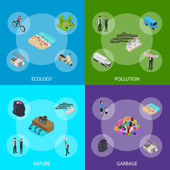 Ecology Pollution Concept Banner Set 3d Isometric View. Vector