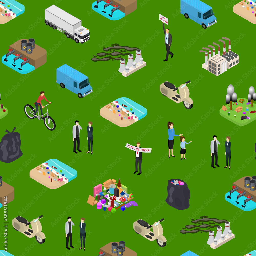 Poster ecology pollution concept seamless pattern background 3d isometric view. vector