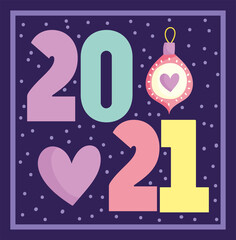 2021 happy new year, date numbers with ball and heart card