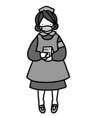 コロナにも対応　お薬を渡すために手に持っているマスクをしたナースの手描きイラスト(モノクロ)