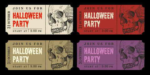 Vintage retro Halloween ticket set. Skull illustration