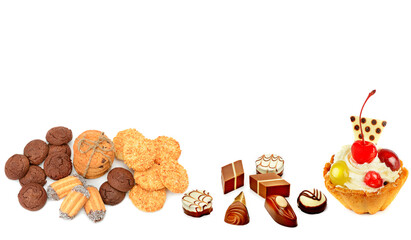 Set of confectionery and sweets isolated on a white . Panoramic collage. Free space for text.