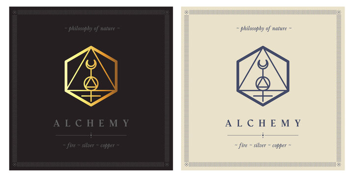 Alchemy gold logo. Symbol of fire, silver and copper. Sacred geometry