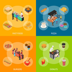 Fast Food Cart Cafe Concept Banner Set 3d Isometric View. Vector