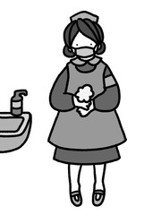 コロナにも対応　洗面所で手洗いをするマスクをしたナースの手描きイラスト