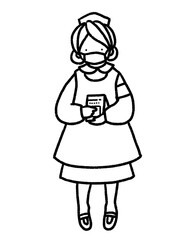 コロナにも対応　お薬を渡すために手に持っている、マスクをしたナースの手描きイラスト(線画のみ)