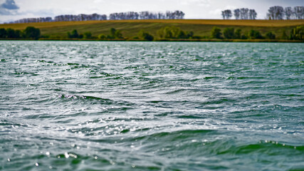 Blue lake with waves. On the other Bank there is a field and trees