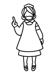 コロナにも対応　指差しで分かりやすく説明をしているマスクをしたナースの手描きイラスト(線画のみ)
