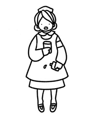 コロナにも対応　うがい薬を手にうがいをしているマスクをしたナースの手描きイラスト(線画のみ)