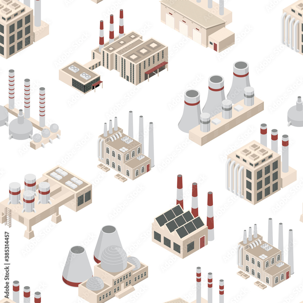 Aufkleber factory constructions or buildings concept seamless pattern background 3d isometric view. vector