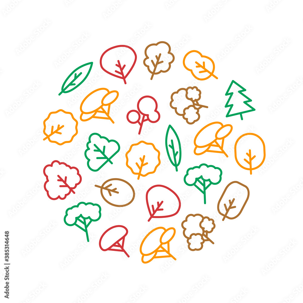 Poster trees signs thin line concept round design template banner. vector