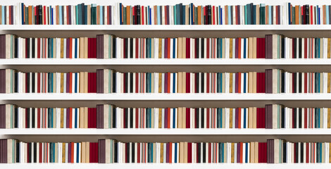 Bookshelves on a white wall multicoloured, panorama.