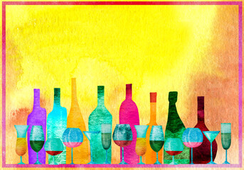 Greeting colorful festive card. Hand drawing. Watercolor. Space for your text.