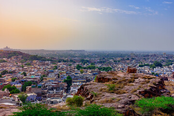 Fototapeta premium Panoramic view of Sun city Jodhpur also known as 'Blue City' due to the vivid blue-painted Brahmin houses. It is a popular tourist destination & second largest city in State of Rajasthan, India.