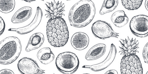 Vector seamless pattern with hand drawn fruits in sketch style. Farm market products.