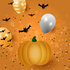 pumpkin on orange background with balloons, bats and sparkles, tank in the background, serpentine