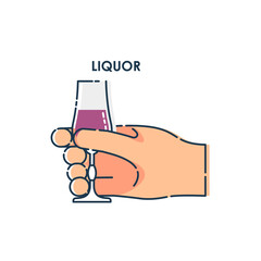 Male hand holding a glass of liquor. Line art design element on white background. Fingers human with a stack with strong alcohol. Concept of time to drink alcohol. Modern graphic style illustration