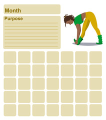 Annual wall planner for one month. Template with an illustration of a girl doing stretching. Vector illustration .eps10