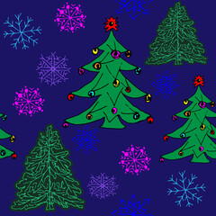 Vector seamless pattern with green Christmas trees and multi-colored snowflakes on a dark blue background. Elements are hand-drawn.
