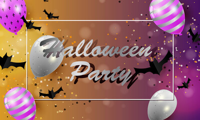 black and gold banner with black balloons, bats, gold glitter and text - halloween party