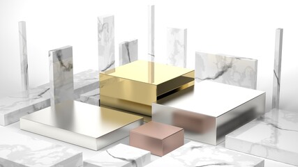 Clean gold marble and copper podiums on white background for products, 3D render illustration