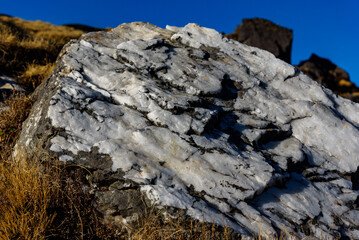 Graphite intrusion in metamorphic marble rocks near main continental thrust Himalayas geological region.