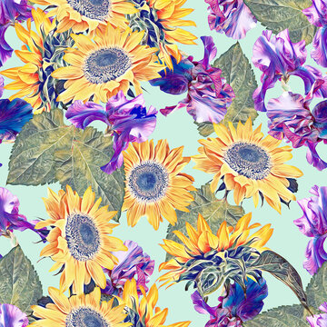 Sunflowers with irisflowers seamless pattern. Watercolor illustration, handpainted art.
