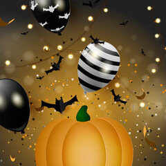
pumpkin on a black and orange background, with balloons, bats, sparkles. Zdachi glow, glitter, sparkles, glowing lights, garland