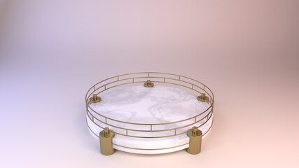 White stage with spheres and gold frame on pink background, 3D render illustration