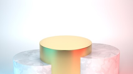 Clean gold and marble podiums on white background for products, 3D render illustration