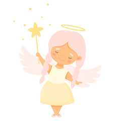 A little angel girl with wings and a halo on her head is holding a magic wand with a star.