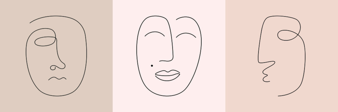 Continuous Line Cubism Face. Creative Templates Set In Minimalist Style With One Line Face Portrait, Modern Abstract Shapes. Contemporary Design Promotion