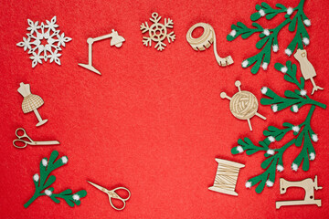 christmas sewing on red background