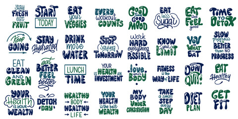 Fototapeta premium A large set of healthy food, fitness, sugar free and detox motivational lettering design. Inscription for t-shirts, posters and prints