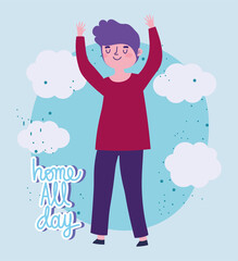 young man cartoon character celebrating with hands up