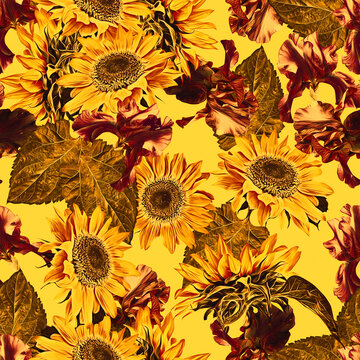Sunflowers with irisflowers seamless pattern. Watercolor illustration, handpainted art.