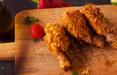 
Delicious homemade crispy fried chicken with sauces on black marble background