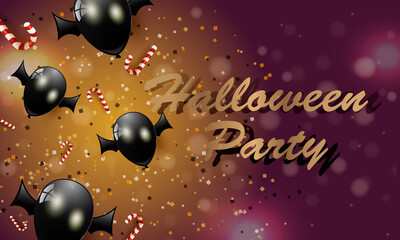 pumpkin on a black and burgundy background with black balloons with bat wings, striped candies, candy canes, sparkles, bokeh on the background, text - halloween party
