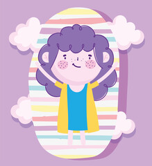 childrens day, cartoon cute girl with purple hair and stripes background
