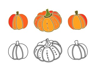 Pumpkins on a white background. Vector illustration of pumpkin. Autumn set of icons. Collection for Halloween and Thanksgiving. Abstract hand drawn decorative pumpkin. Autumn harvest. Food, vegetables