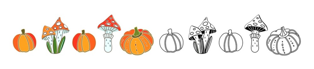 Pumpkins and mushrooms on a white background. Vector illustration. Autumn set of icons. Halloween. Abstract, hand-drawn, decorative pumpkins and mushrooms. Harvest food vegetables mushroom fly agaric