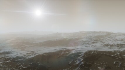 space art with landscape and planets in the sky. Mountains and clouds 3d render
