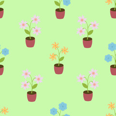 Floral seamless pattern from cute pastel color flowers in a pot on green background. Vector illustration for festive design, packaging, wallpaper, fabric, textile, stationery, accessories.